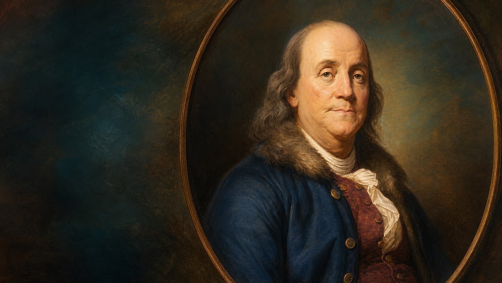 Interpretive colorization of Benjamin Franklin in a blue coat and burgundy waistcoat against a teal and umber painted background.