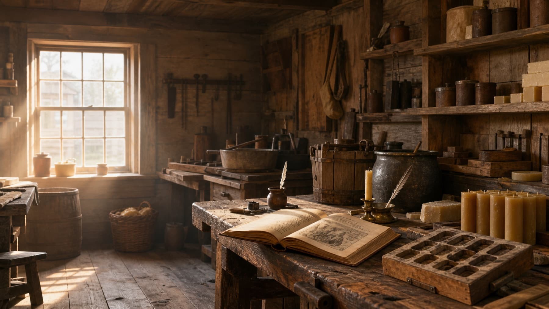 Interpretive reconstruction of a colonial candle workshop with an open book, tools, candles, and morning light.